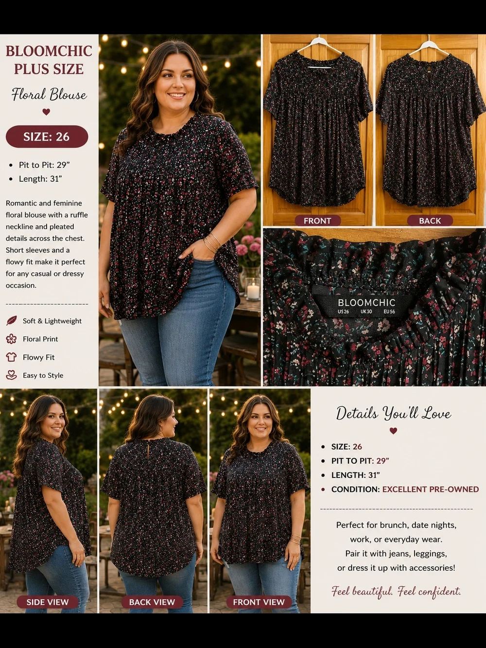 BloomChic Black Floral Ruffle Peplum Blouse